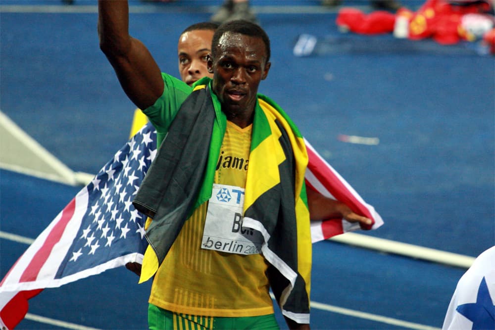 Usain Bolt celebrates gold medal win at the 2008 World Championships