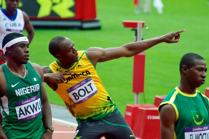 Usain Bolt doing his lightning pose at the 2012 London Olympics
