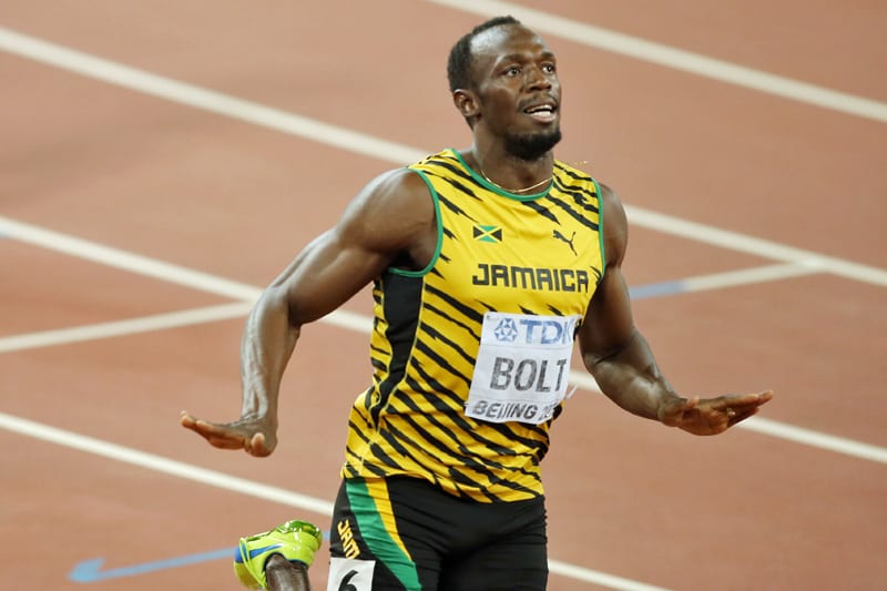 Usain Bolt reacts after winning the men's 200m final at the Beijing 2015 IAAF World Championships 