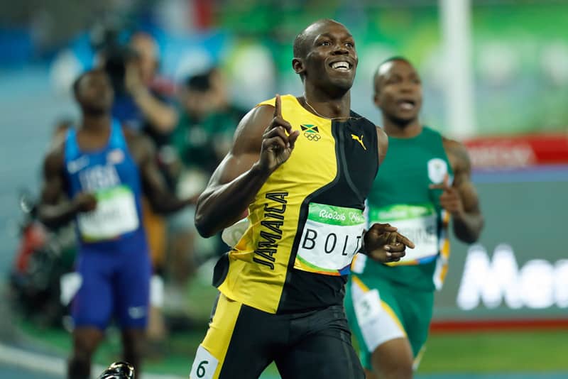 Usain Bolt celebrating his 100m final win at the Olympic Games in Rio