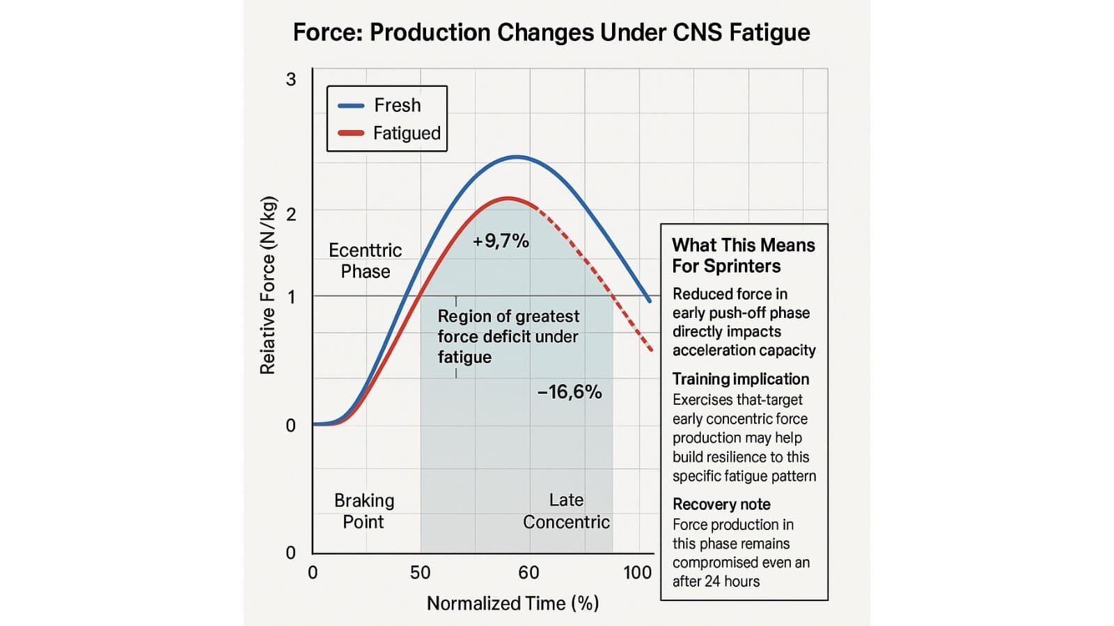 Force-Time Curve Side-by-side force-time curve graph comparing force output during a countermovement jump in a fresh versus fatigued state. The blue line (fresh) shows higher peak force and faster concentric acceleration, while the red line (fatigued) illustrates reduced force, especially in the 50-75% range. Annotations highlight a ~16.6% drop in late concentric force and a +9.7% shift in concentric timing under fatigue. A side panel explains how these changes impact sprint acceleration performance and provides training implications.