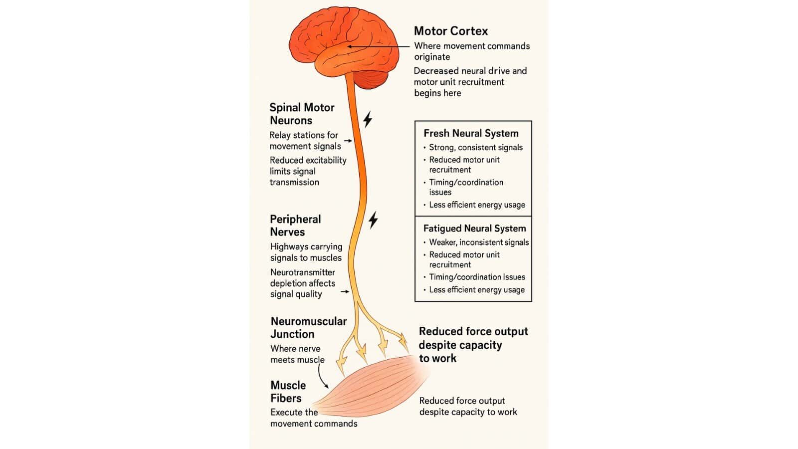 Neural Pathway Diagram An anatomical infographic tracing the motor command pathway from the motor cortex through spinal neurons, peripheral nerves, and neuromuscular junction to the muscle fibers. Two side-by-side boxes compare a fresh versus fatigued neural system, highlighting differences in signal strength, timing, and coordination. The diagram emphasizes how reduced signal quality and transmission under CNS fatigue leads to decreased force output, despite muscles still having the capacity to contract.